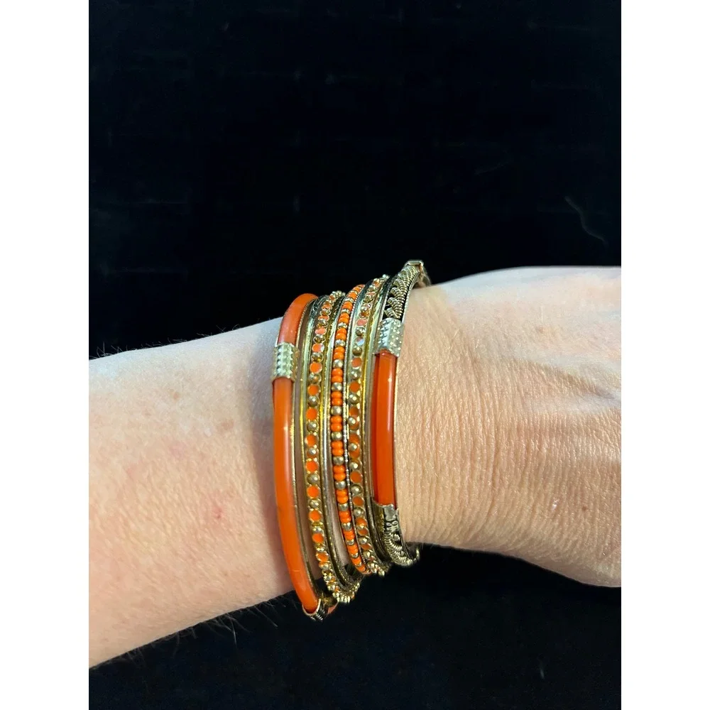Set of 9 Orange Gold‎ Tone Bangle Bracelets Boho Stack Layered Beaded Rhinestone
